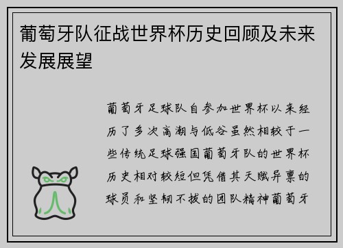 葡萄牙队征战世界杯历史回顾及未来发展展望