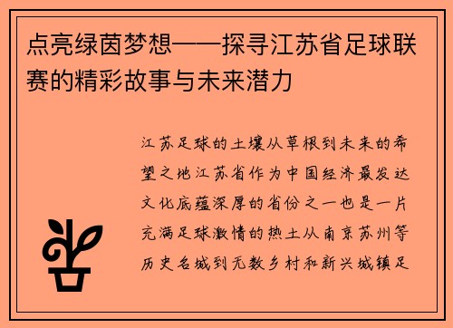 点亮绿茵梦想——探寻江苏省足球联赛的精彩故事与未来潜力