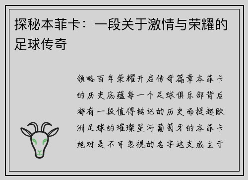 探秘本菲卡：一段关于激情与荣耀的足球传奇
