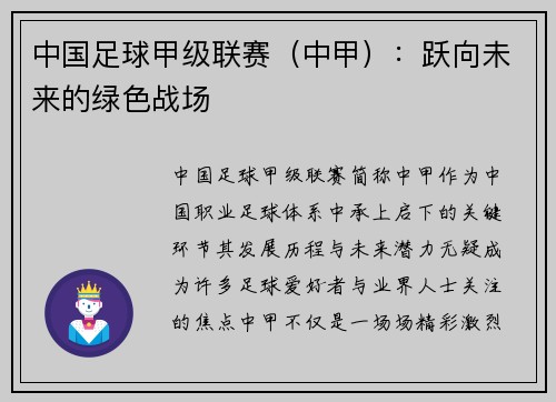 中国足球甲级联赛（中甲）：跃向未来的绿色战场