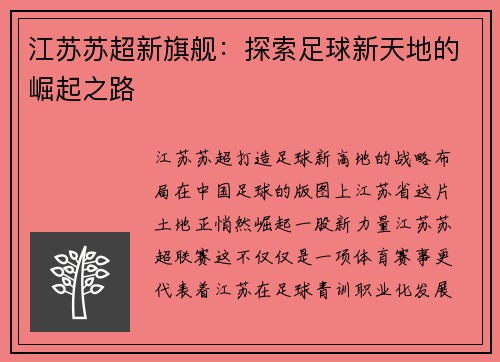 江苏苏超新旗舰：探索足球新天地的崛起之路