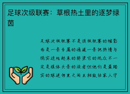 足球次级联赛：草根热土里的逐梦绿茵