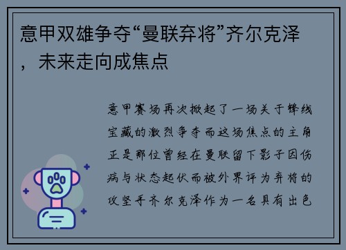 意甲双雄争夺“曼联弃将”齐尔克泽，未来走向成焦点